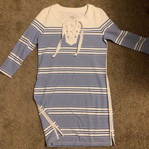 Blue and White Yacht Stripe Tie Front Knit Dress